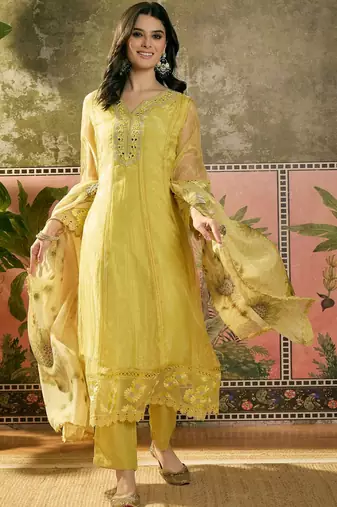 yellow zari embroidered silk blend stitched anarkali trouser salwar suit set
