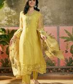 yellow zari embroidered silk blend stitched anarkali trouser salwar suit set