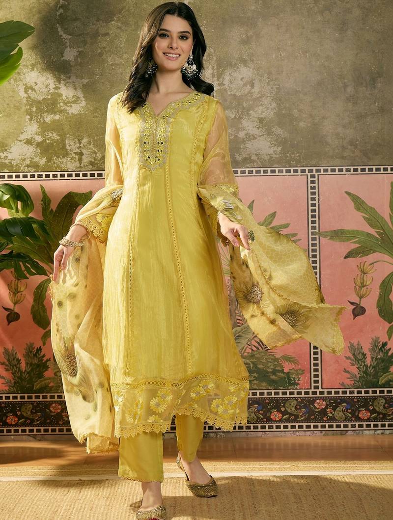 yellow zari embroidered silk blend stitched anarkali trouser salwar suit set