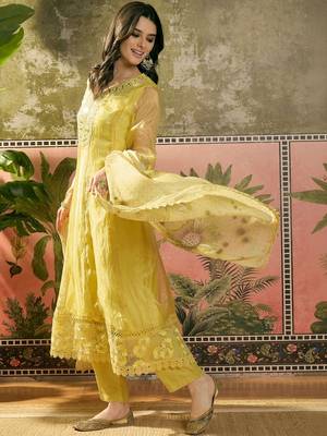 yellow zari embroidered silk blend stitched anarkali trouser salwar suit set 2
