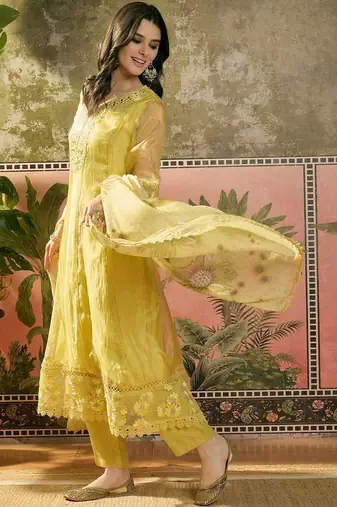 yellow zari embroidered silk blend stitched anarkali trouser salwar suit set