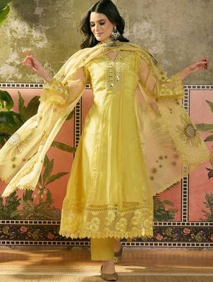 yellow zari embroidered silk blend stitched anarkali trouser salwar suit set 3