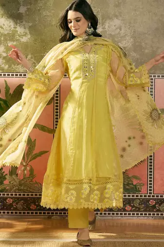 yellow zari embroidered silk blend stitched anarkali trouser salwar suit set