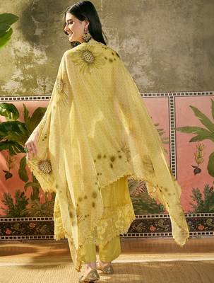 yellow zari embroidered silk blend stitched anarkali trouser salwar suit set 4