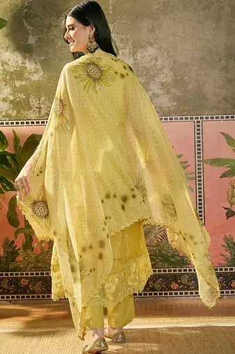 yellow zari embroidered silk blend stitched anarkali trouser salwar suit set