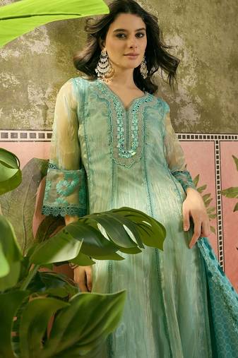 sky blue zari embroidered silk blend stitched anarkali trouser salwar suit set