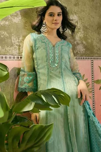 sky blue zari embroidered silk blend stitched anarkali trouser salwar suit set