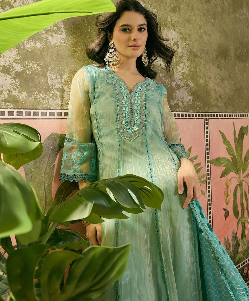 sky blue zari embroidered silk blend stitched anarkali trouser salwar suit set