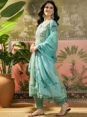sky blue zari embroidered silk blend stitched anarkali trouser salwar suit set 2