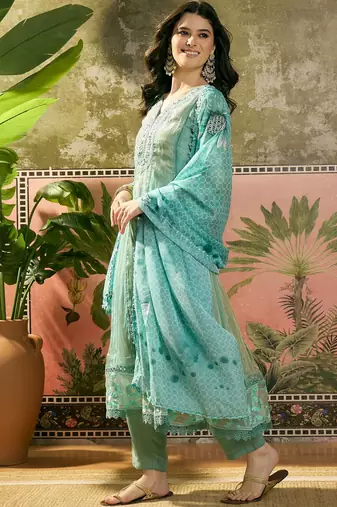 sky blue zari embroidered silk blend stitched anarkali trouser salwar suit set