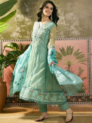 sky blue zari embroidered silk blend stitched anarkali trouser salwar suit set 3