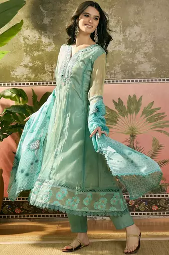 sky blue zari embroidered silk blend stitched anarkali trouser salwar suit set