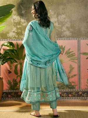 sky blue zari embroidered silk blend stitched anarkali trouser salwar suit set 4