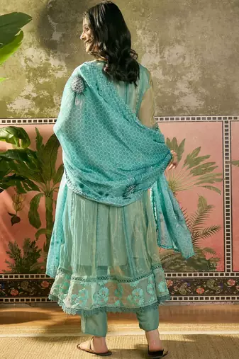 sky blue zari embroidered silk blend stitched anarkali trouser salwar suit set
