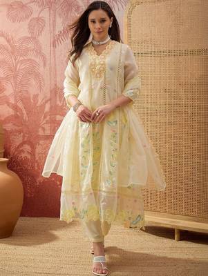 yellow thread embroidered silk blend stitched anarkali trouser salwar suit set 1
