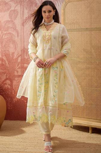 yellow thread embroidered silk blend stitched anarkali trouser salwar suit set