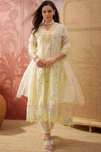 yellow thread embroidered silk blend stitched anarkali trouser salwar suit set
