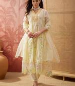 yellow thread embroidered silk blend stitched anarkali trouser salwar suit set