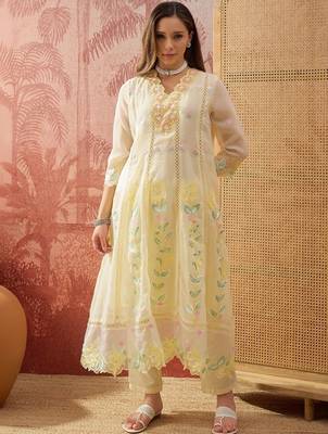 yellow thread embroidered silk blend stitched anarkali trouser salwar suit set 2
