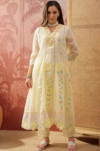 yellow thread embroidered silk blend stitched anarkali trouser salwar suit set