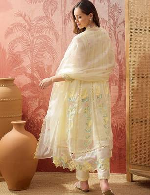 yellow thread embroidered silk blend stitched anarkali trouser salwar suit set 3