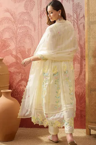 yellow thread embroidered silk blend stitched anarkali trouser salwar suit set