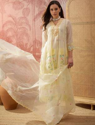 yellow thread embroidered silk blend stitched anarkali trouser salwar suit set 4