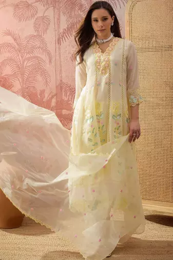 yellow thread embroidered silk blend stitched anarkali trouser salwar suit set
