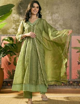 olive green thread embroidered silk blend stitched straight trouser salwar suit set 1