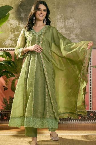 olive green thread embroidered silk blend stitched straight trouser salwar suit set