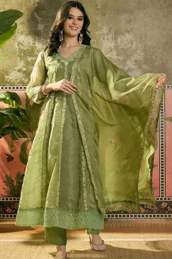 olive green thread embroidered silk blend stitched straight trouser salwar suit set