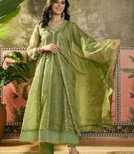 olive green thread embroidered silk blend stitched straight trouser salwar suit set