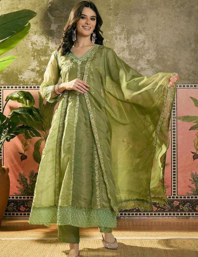 olive green thread embroidered silk blend stitched straight trouser salwar suit set