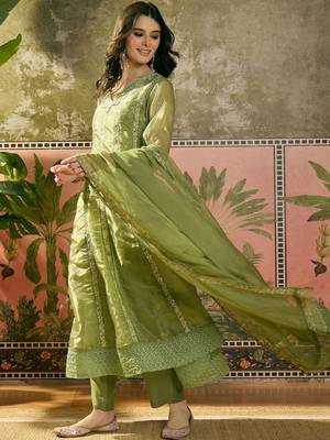 olive green thread embroidered silk blend stitched straight trouser salwar suit set 2