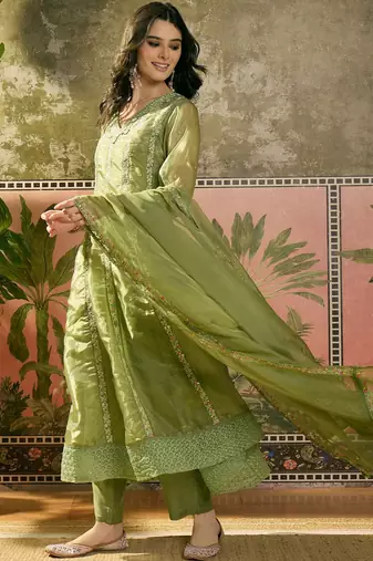 olive green thread embroidered silk blend stitched straight trouser salwar suit set