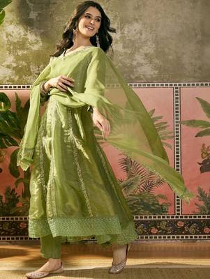 olive green thread embroidered silk blend stitched straight trouser salwar suit set 3