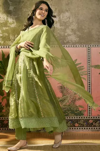 olive green thread embroidered silk blend stitched straight trouser salwar suit set