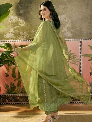 olive green thread embroidered silk blend stitched straight trouser salwar suit set 4