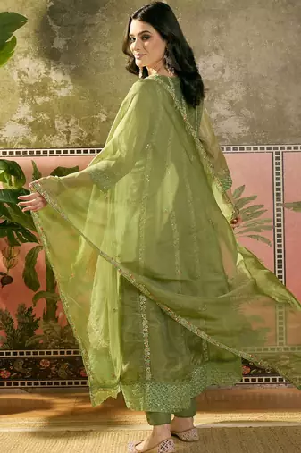 olive green thread embroidered silk blend stitched straight trouser salwar suit set