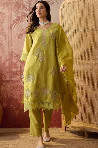 olive green thread embroidered silk blend stitched straight trouser salwar suit set