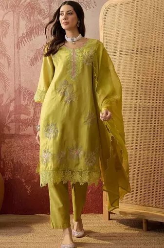 olive green thread embroidered silk blend stitched straight trouser salwar suit set