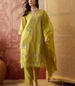 olive green thread embroidered silk blend stitched straight trouser salwar suit set
