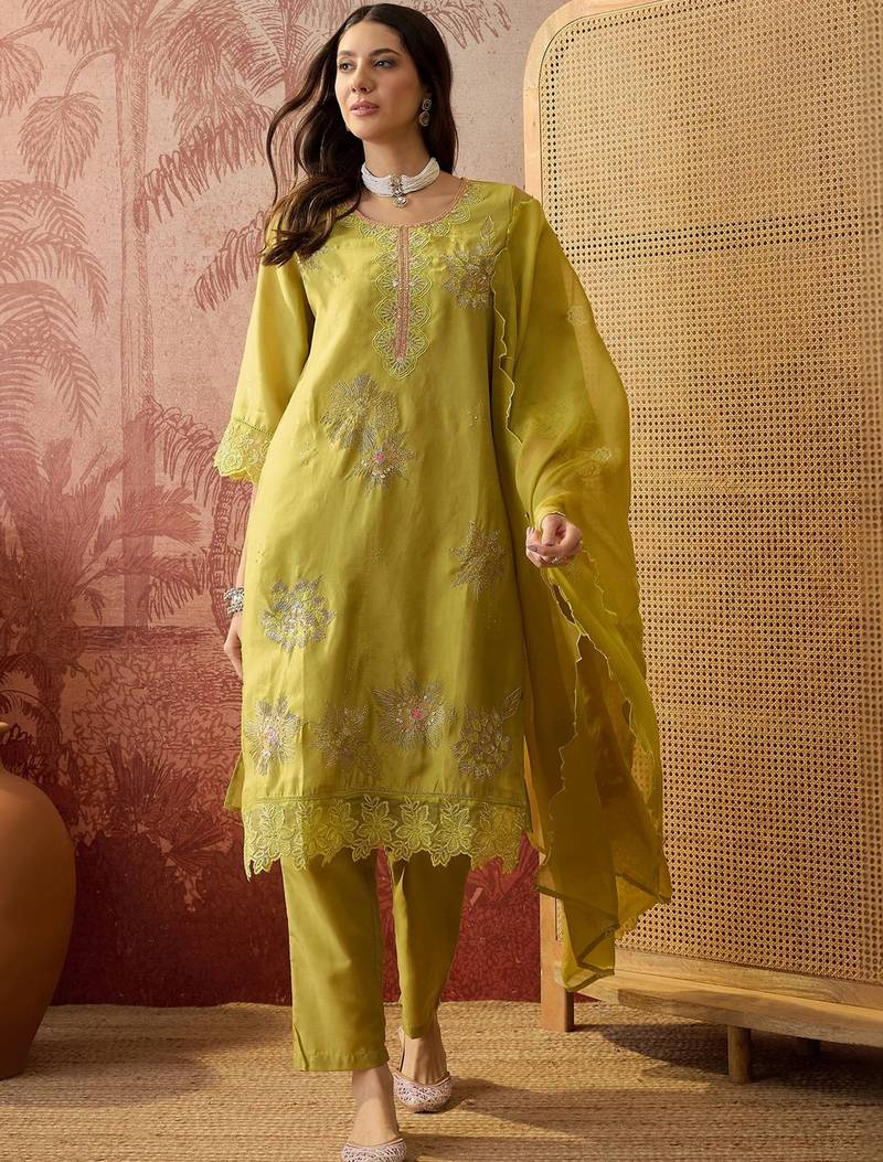 olive green thread embroidered silk blend stitched straight trouser salwar suit set