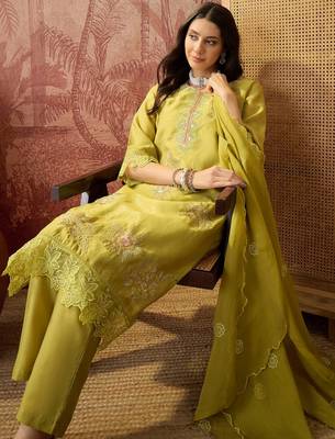 olive green thread embroidered silk blend stitched straight trouser salwar suit set 2