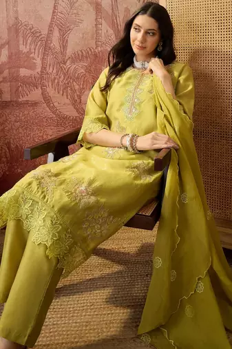 olive green thread embroidered silk blend stitched straight trouser salwar suit set