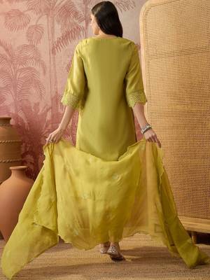 olive green thread embroidered silk blend stitched straight trouser salwar suit set 3