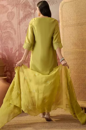 olive green thread embroidered silk blend stitched straight trouser salwar suit set