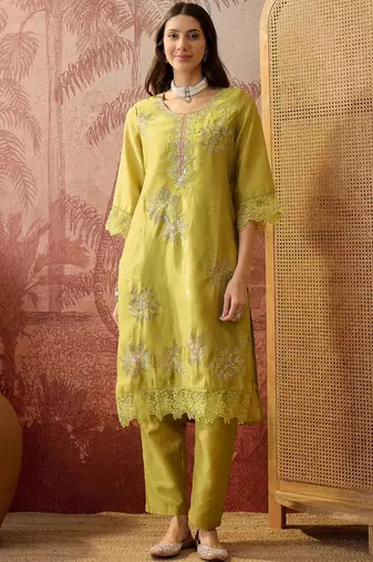 olive green thread embroidered silk blend stitched straight trouser salwar suit set