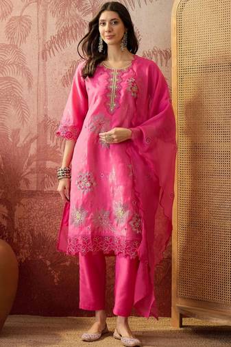 pink green thread embroidered silk blend stitched straight trouser salwar suit set