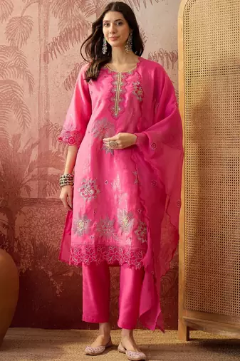 pink green thread embroidered silk blend stitched straight trouser salwar suit set